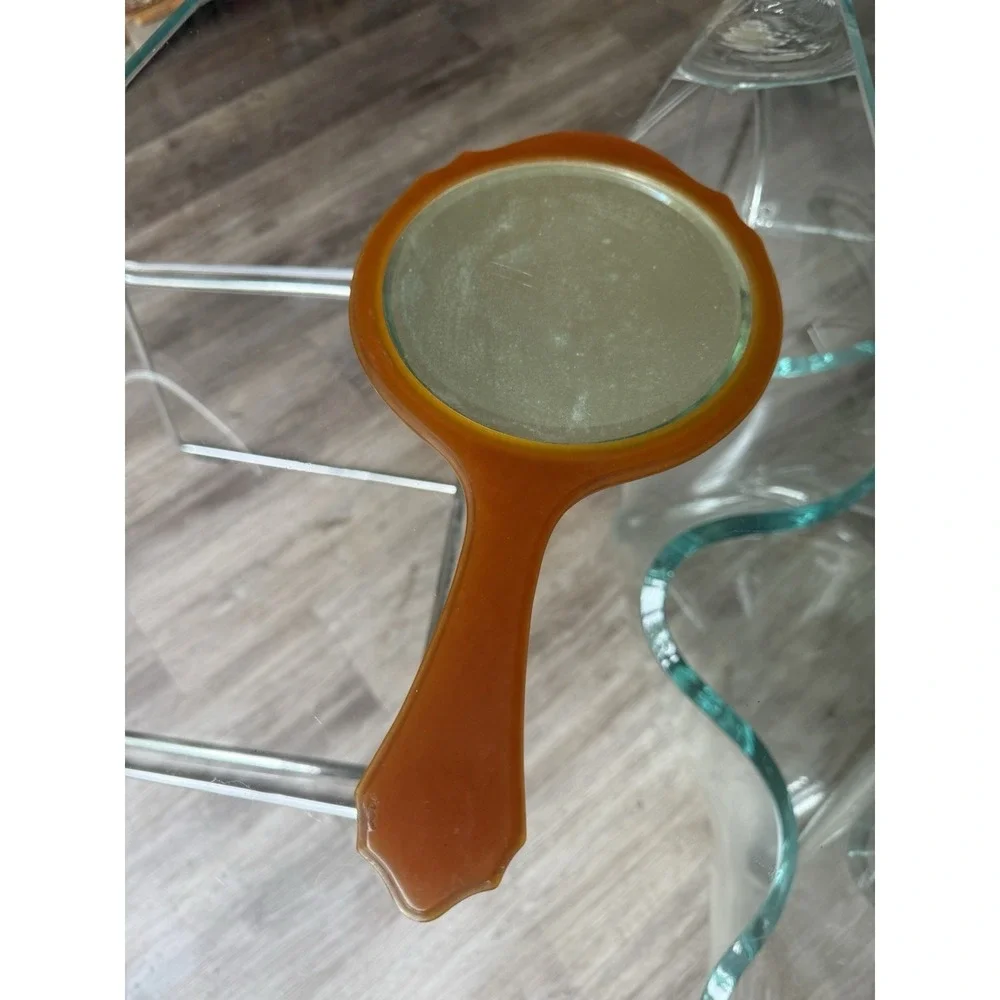 Vintage Amber Orange Bakelite Lucite Acrylic Handheld‎ Mirror